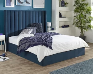 Aspire Maxi Winged Headboard Blue Velvet Ottoman Storage Bed